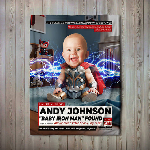 Personalized Baby Superhero Thor Blanket – CNN Breaking News Style with Custom Photo & Name